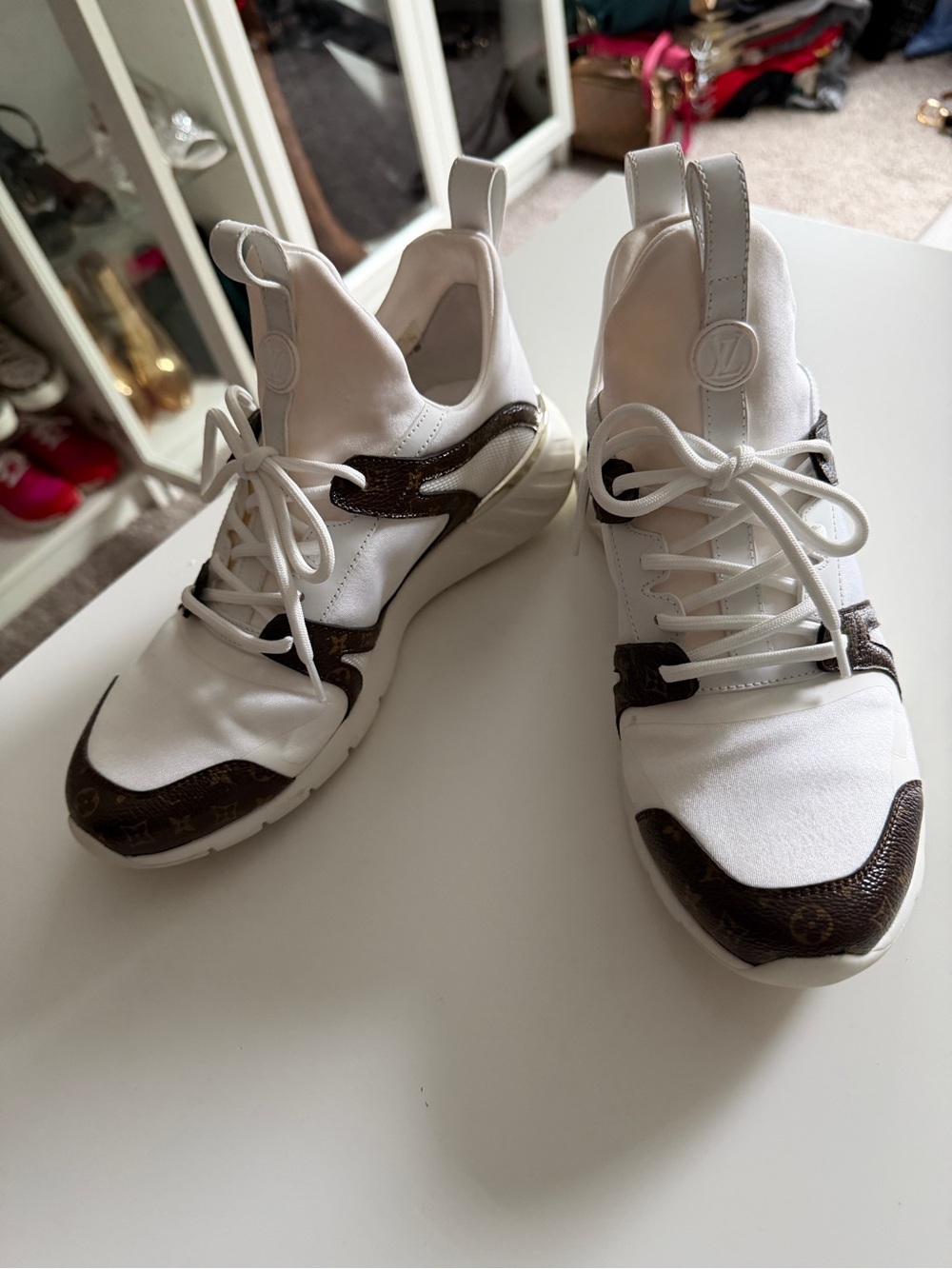 Louis Vuitton White & Brown Monogram Run Away Slip-On Sneakers
